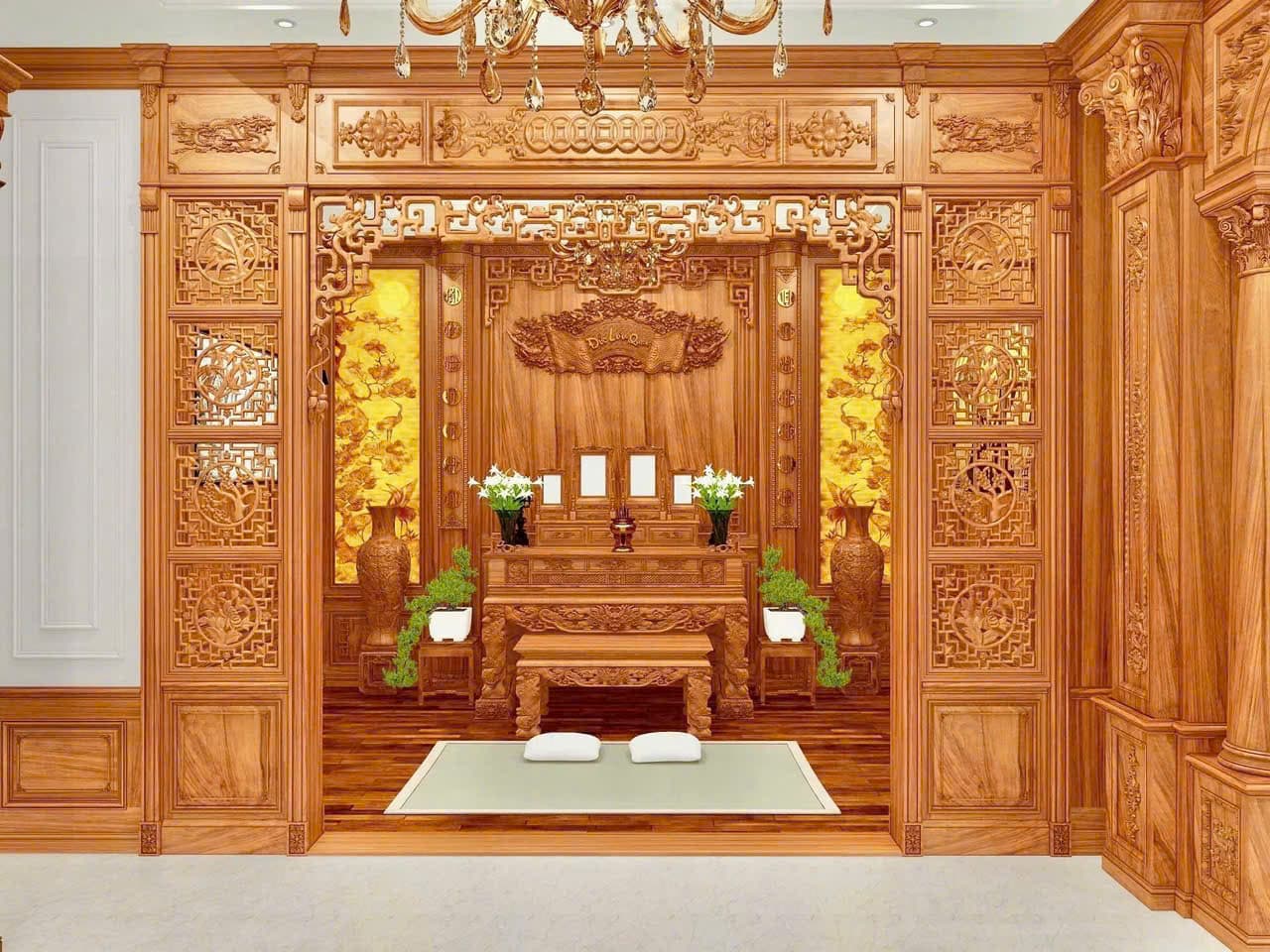 Không gian thờ và hệ vách gỗ chạm khắc