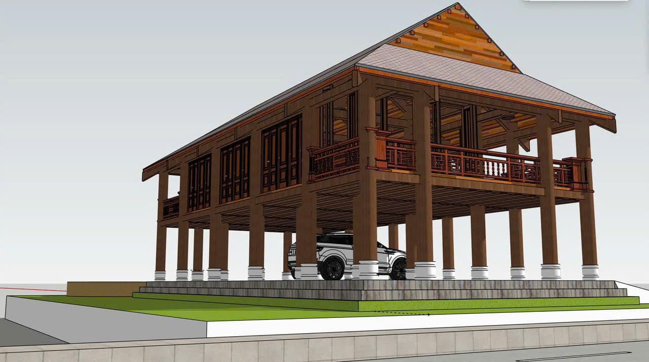 Phối cảnh thiết kế nhà gỗ hai tầng